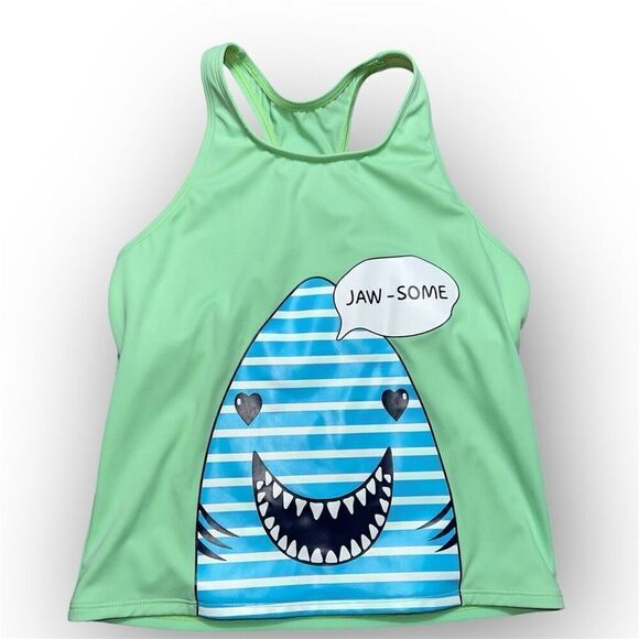 Lands’ End, Swim Tankini Top “Jaw-some” Striped Shark Screenprint, Girls 16 - Picture 1 of 5